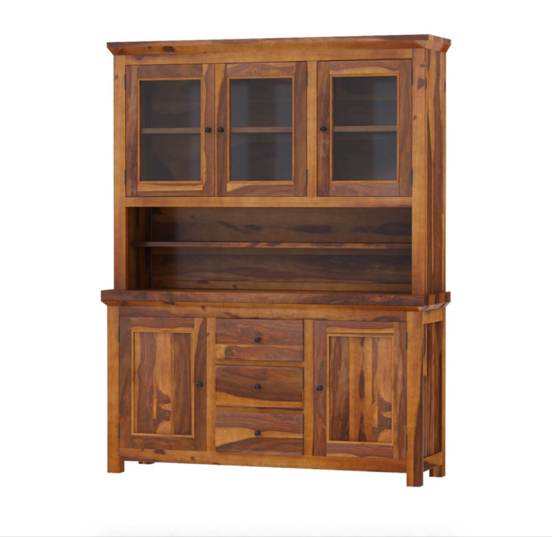 Naperville Rustic Solid Wood Glass Door Dining Room Kitchen Hutch