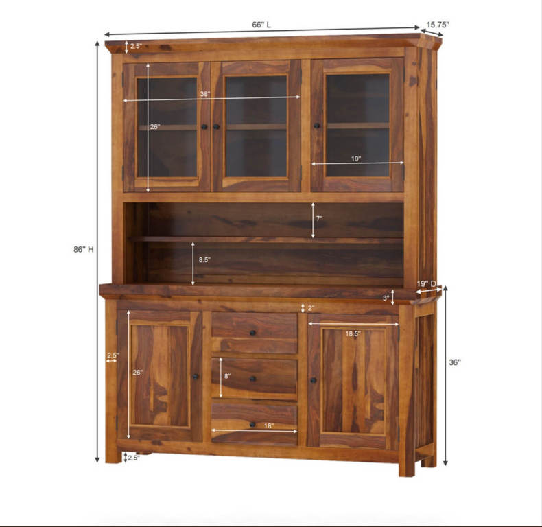 Naperville Rustic Solid Wood Glass Door Dining Room Kitchen Hutch