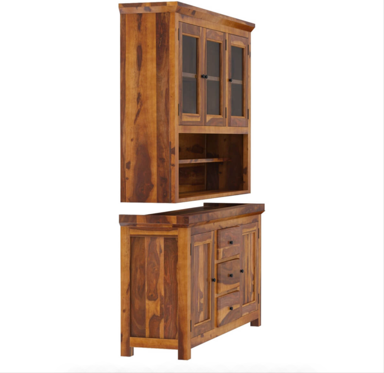 Naperville Rustic Solid Wood Glass Door Dining Room Kitchen Hutch