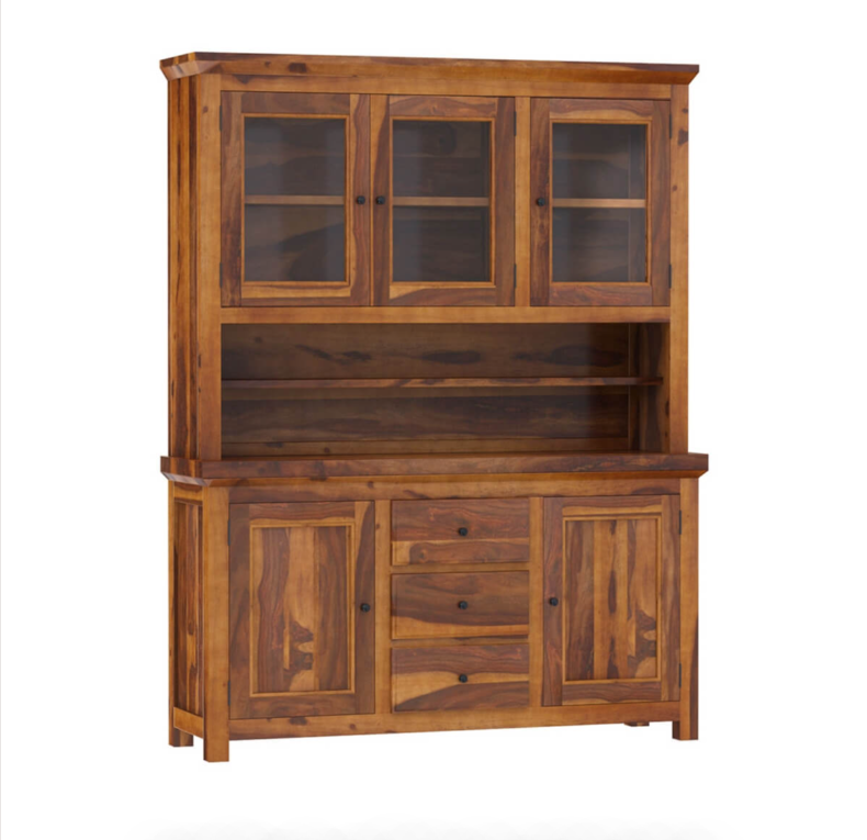 Naperville Rustic Solid Wood Glass Door Dining Room Kitchen Hutch