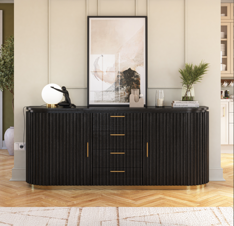 Perris Solid Wood Modern Black Fluted Sideboard with Drawers