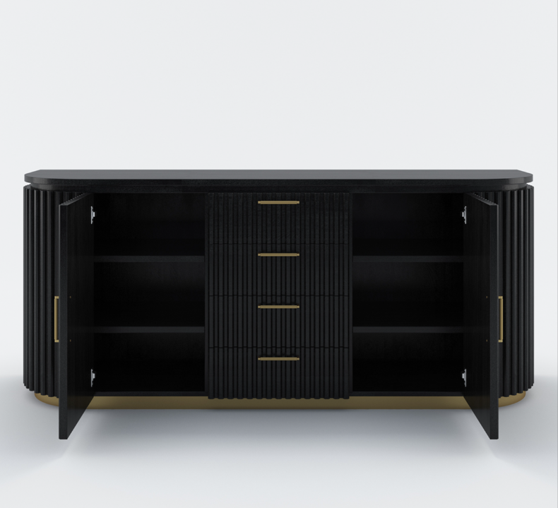 Perris Solid Wood Modern Black Fluted Sideboard with Drawers