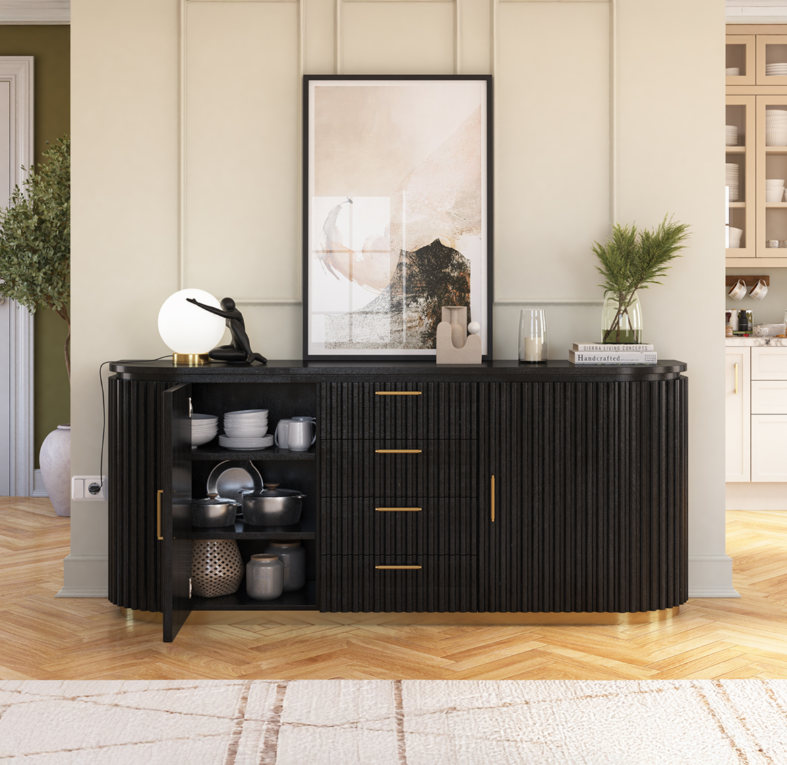 Perris Solid Wood Modern Black Fluted Sideboard with Drawers