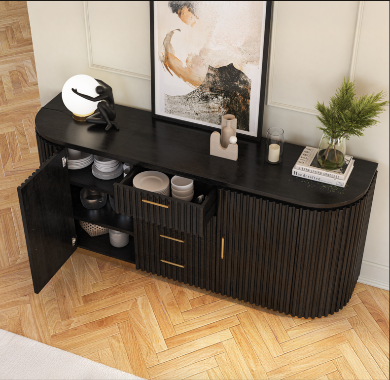 Perris Solid Wood Modern Black Fluted Sideboard with Drawers