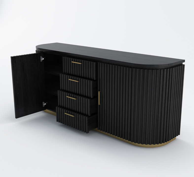 Perris Solid Wood Modern Black Fluted Sideboard with Drawers