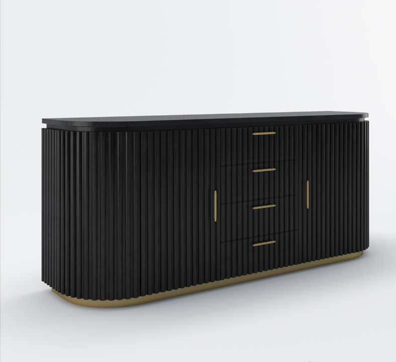 Perris Solid Wood Modern Black Fluted Sideboard with Drawers