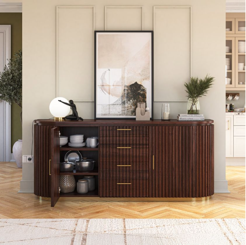 Perris Solid Wood Modern Black Fluted Sideboard with Drawers