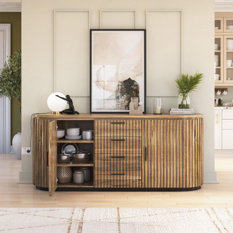 Perris Solid Wood Modern Black Fluted Sideboard with Drawers