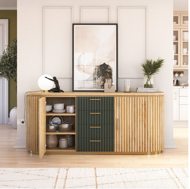 Perris Solid Wood Modern Black Fluted Sideboard with Drawers