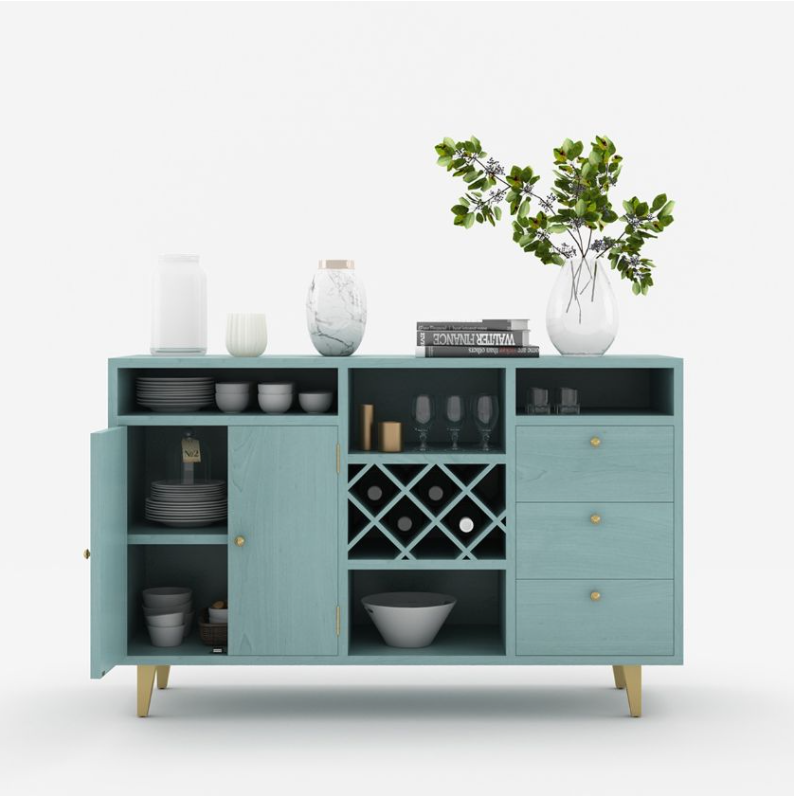 Navy blue entertainment console with wine storage 