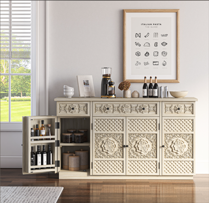 Nuala Hand Carved Solid Wood Kitchen Buffet Island Cabinet