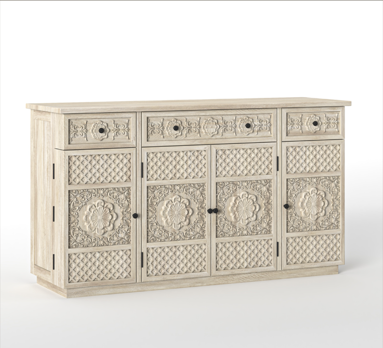 Nuala Hand Carved Solid Wood Kitchen Buffet Island Cabinet