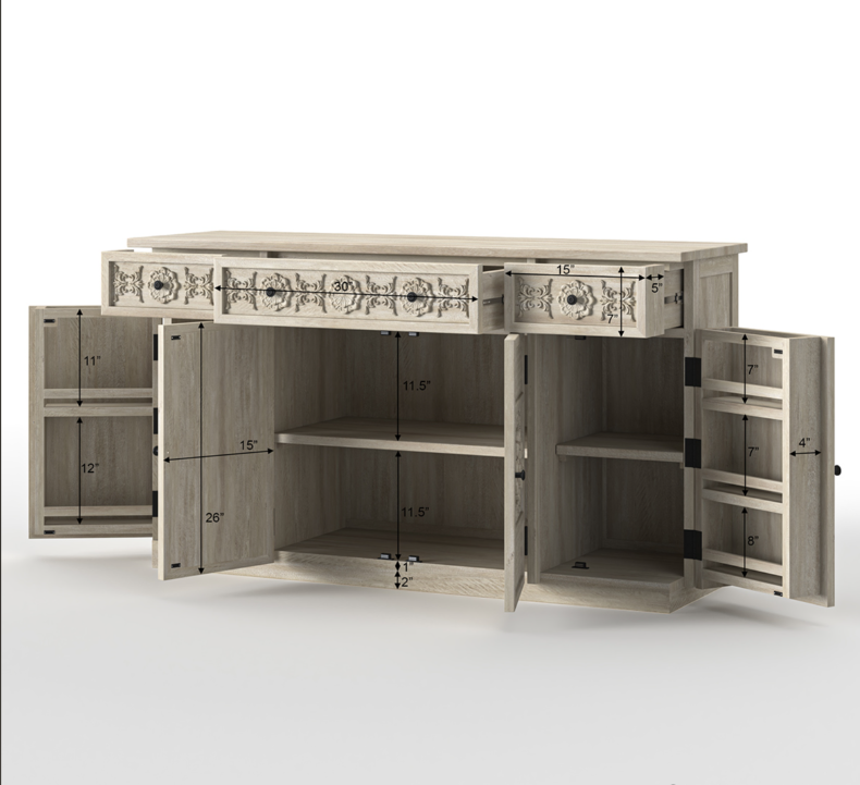 Nuala Hand Carved Solid Wood Kitchen Buffet Island Cabinet