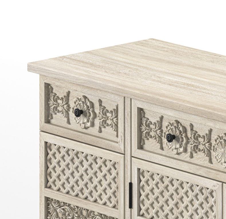 Nuala Hand Carved Solid Wood Kitchen Buffet Island Cabinet