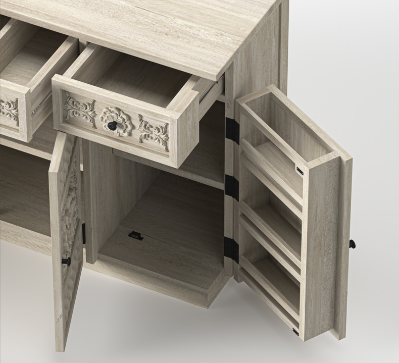 Nuala Hand Carved Solid Wood Kitchen Buffet Island Cabinet