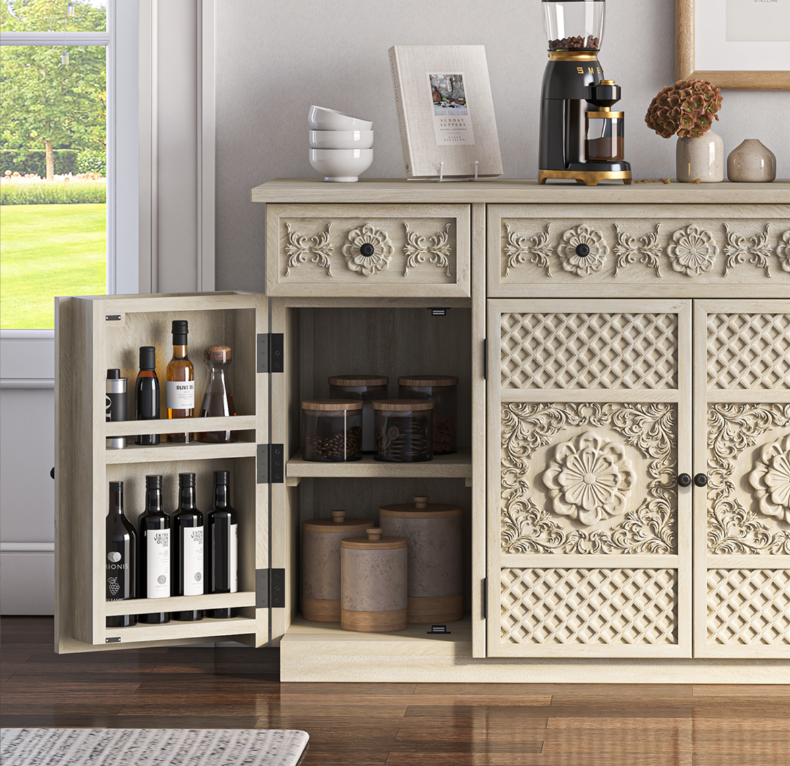 Nuala Hand Carved Solid Wood Kitchen Buffet Island Cabinet