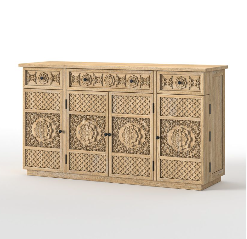 Nuala Hand Carved Solid Wood Kitchen Buffet Island Cabinet