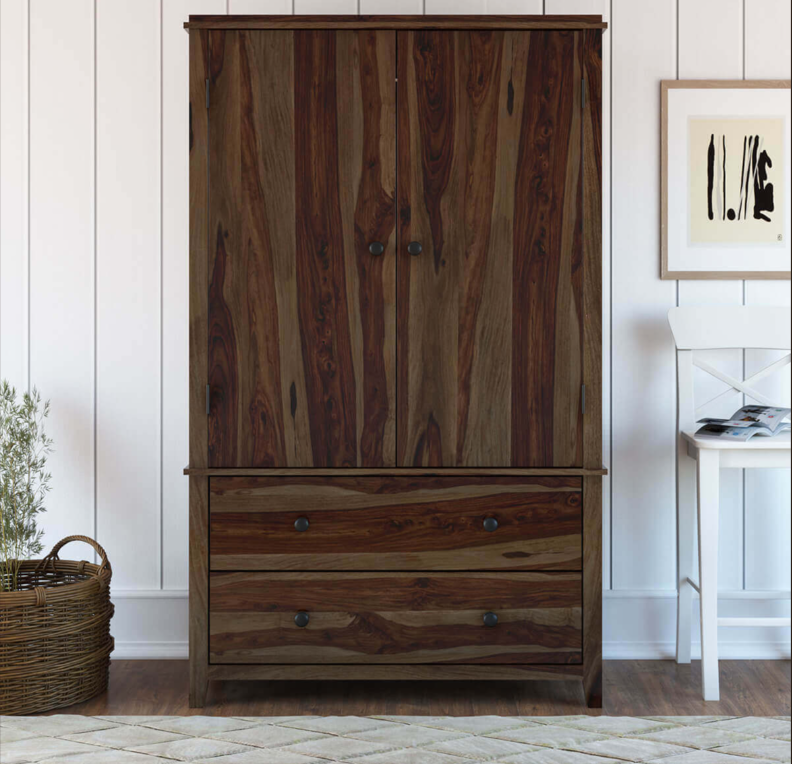 Bozeman Rustic Solid Wood Wardrobe Large Armoire With Drawers
