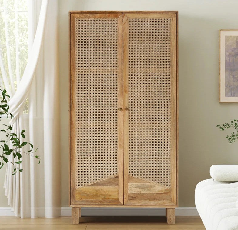 TrendHive Solid Wood Armoire with Rattan Doors
