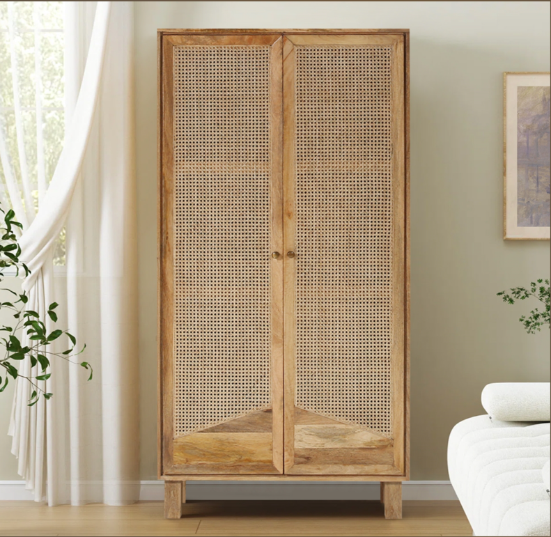 Porirua Solid Wood 4 Tier Armoire with Rattan Doors
