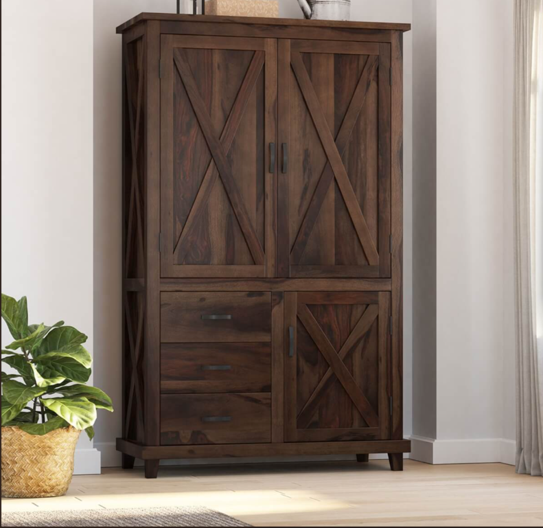 Antwerp Farmhouse Rustic Solid Wood Large Clothing Armoire Wardrobe
