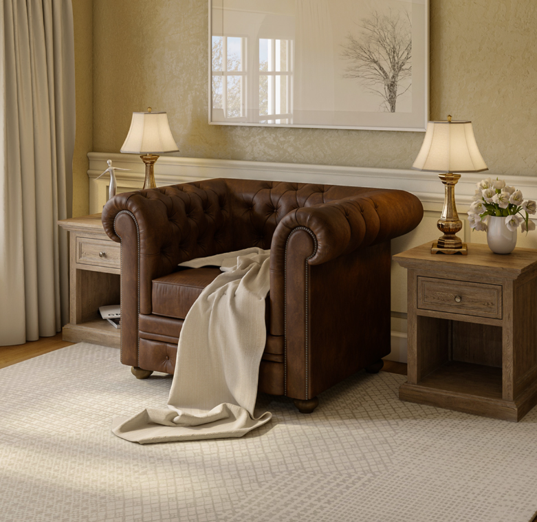 Sofique Farnham Single Seater Brown Leather Chesterfield Sofa