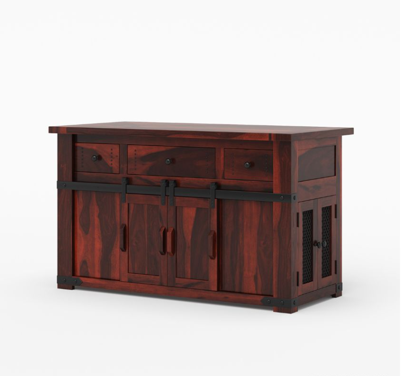 Wooden kitchen island with sliding barn door in a modern kitchen setting