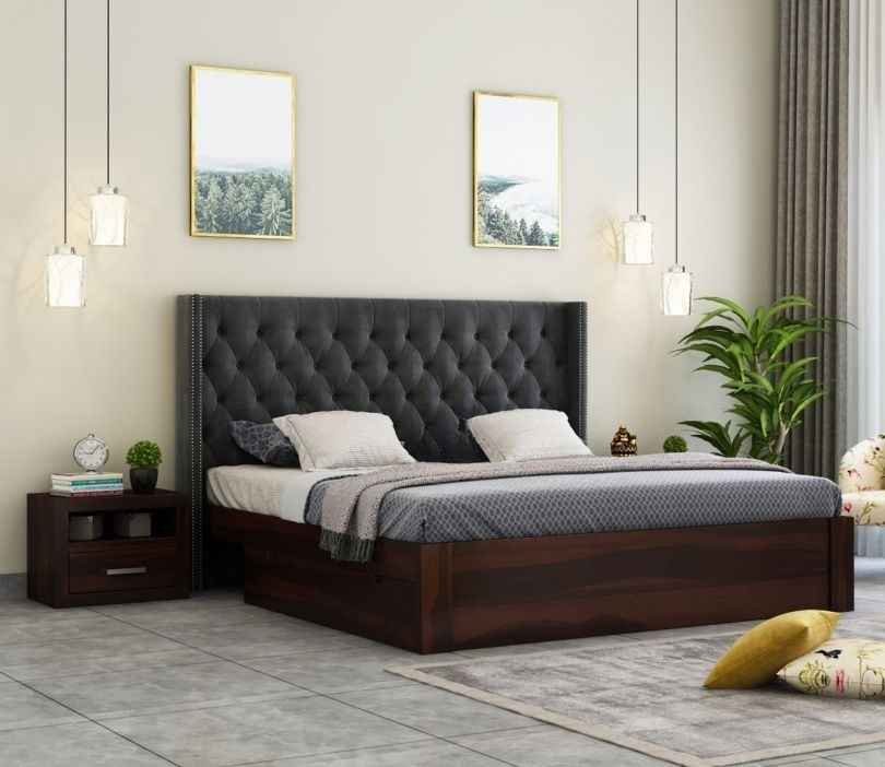 Drewno Sheesham Wood Upholstered Bed With Storage