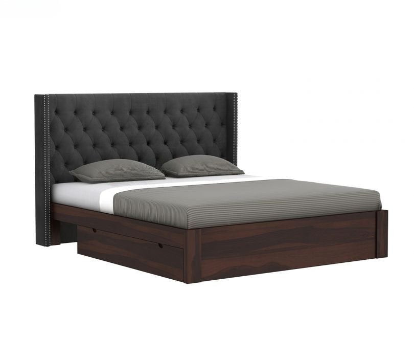 Drewno Sheesham Wood Upholstered Bed With Storage