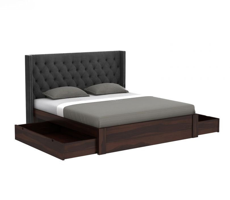 Drewno Sheesham Wood Upholstered Bed With Storage