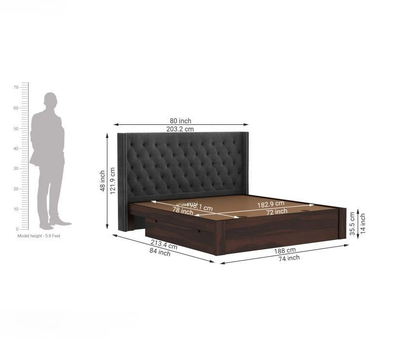 Drewno Sheesham Wood Upholstered Bed With Storage