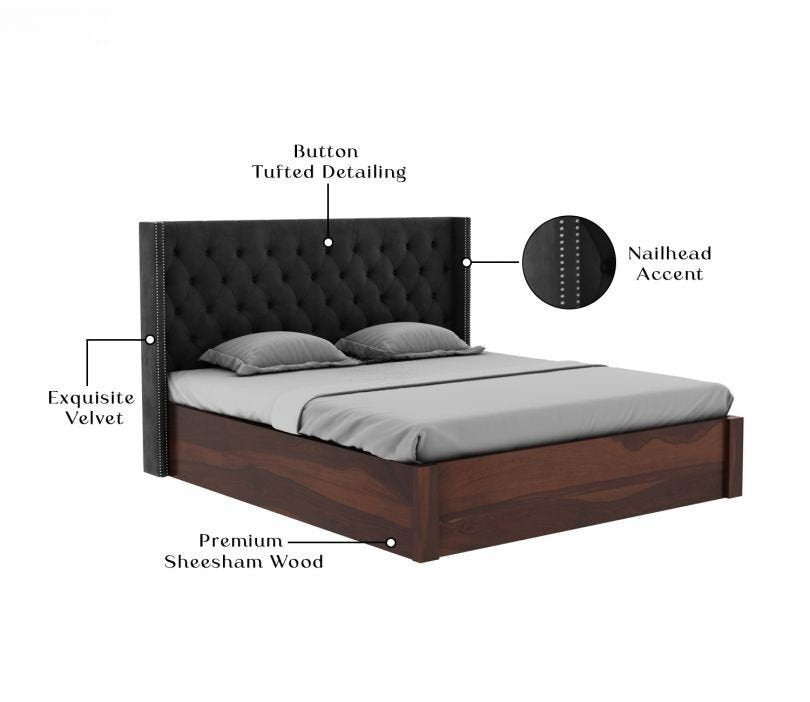 Drewno Sheesham Wood Upholstered Bed With Storage