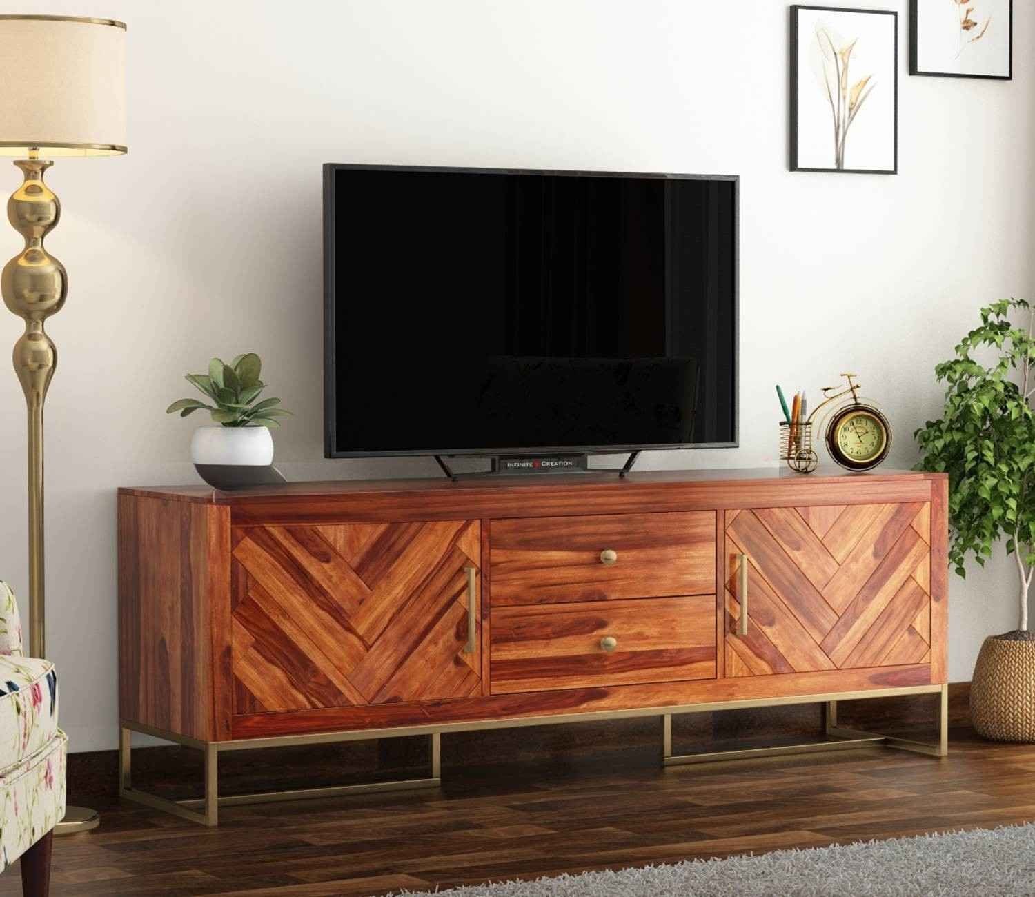 Jett Metal Base Sheesham Wood Tv Unit with Drawers and Cabinets