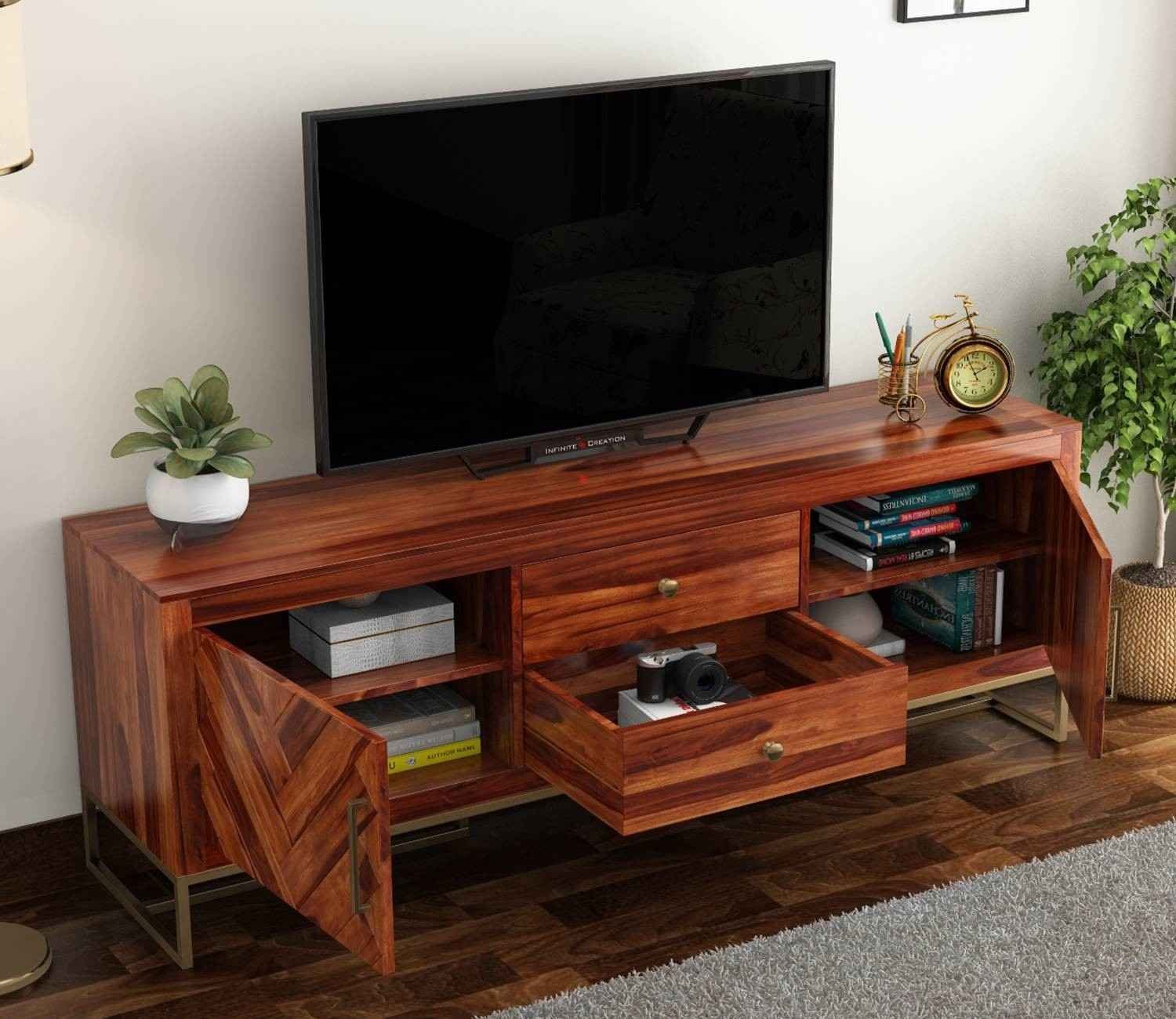 Jett Metal Base Sheesham Wood Tv Unit with Drawers and Cabinets