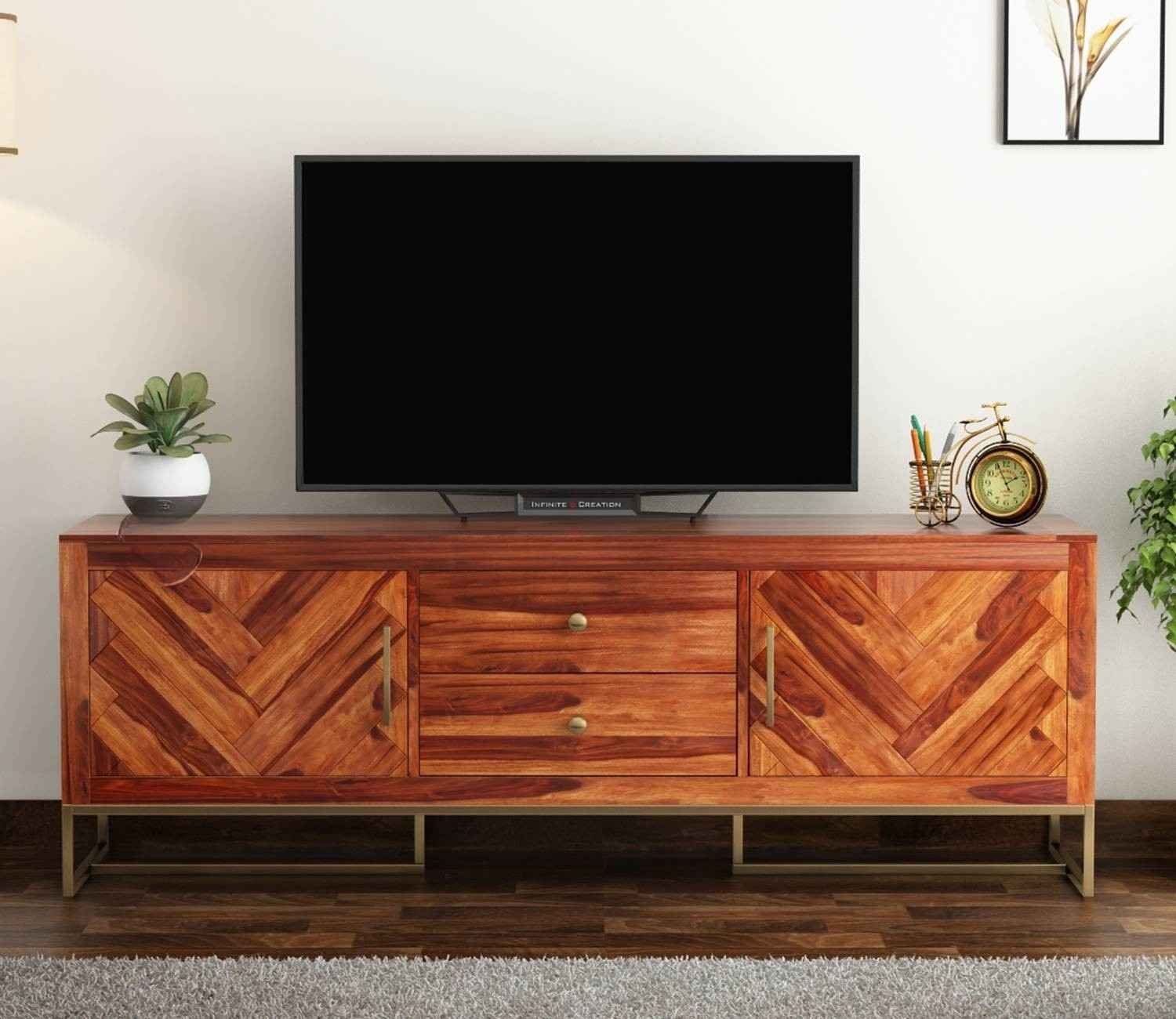Jett Metal Base Sheesham Wood Tv Unit with Drawers and Cabinets