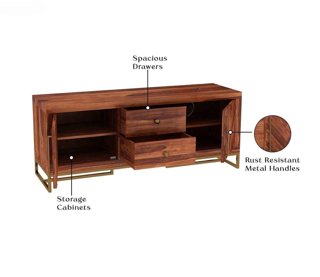 Jett Metal Base Sheesham Wood Tv Unit with Drawers and Cabinets