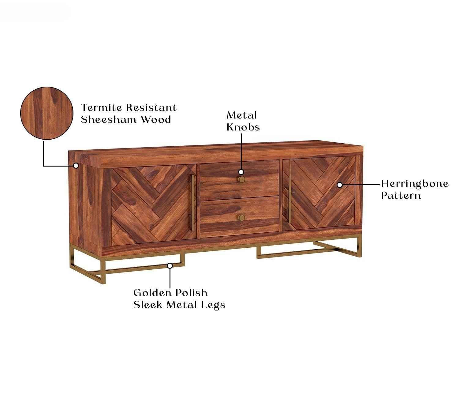 Jett Metal Base Sheesham Wood Tv Unit with Drawers and Cabinets