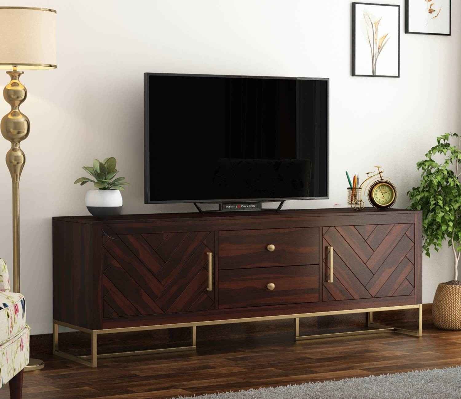 Jett Metal Base Sheesham Wood Tv Unit with Drawers and Cabinets