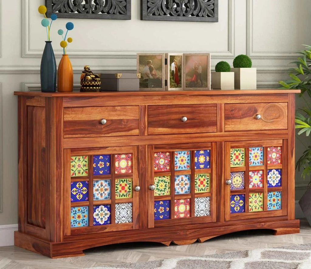 Boho Sheesham Wood Storage Cabinet Sideboard With Three Drawers