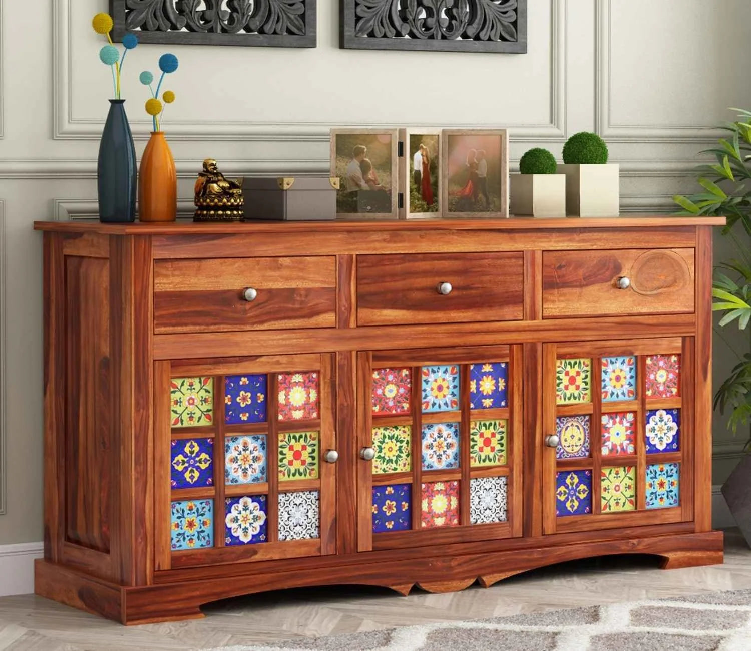 Boho Sheesham Wood Storage Cabinet Sideboard With Three Drawers