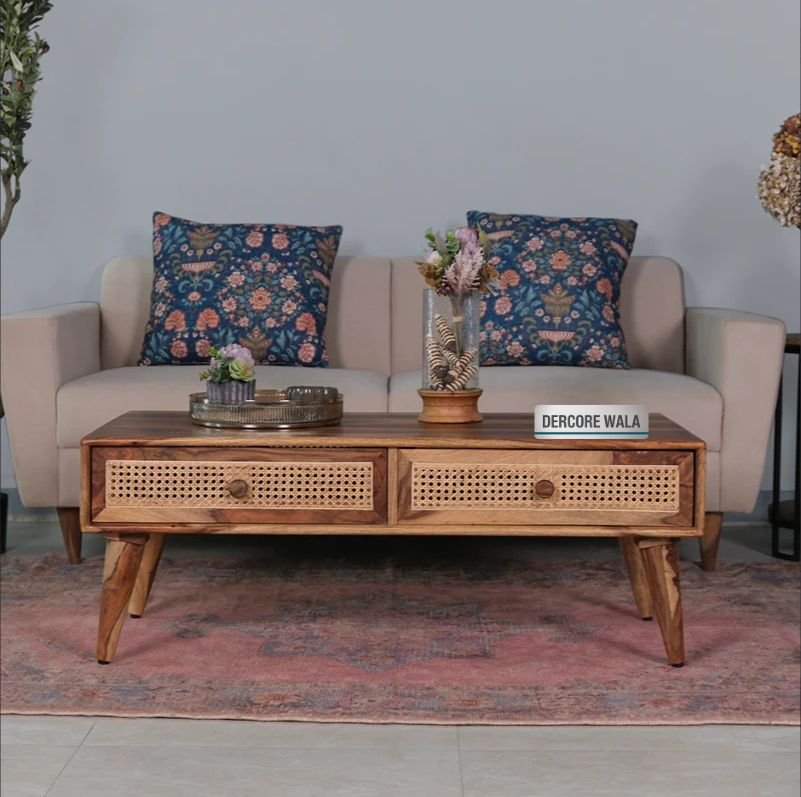 Verona Solid Wood Rattan Cane Two Drawer Coffee Table