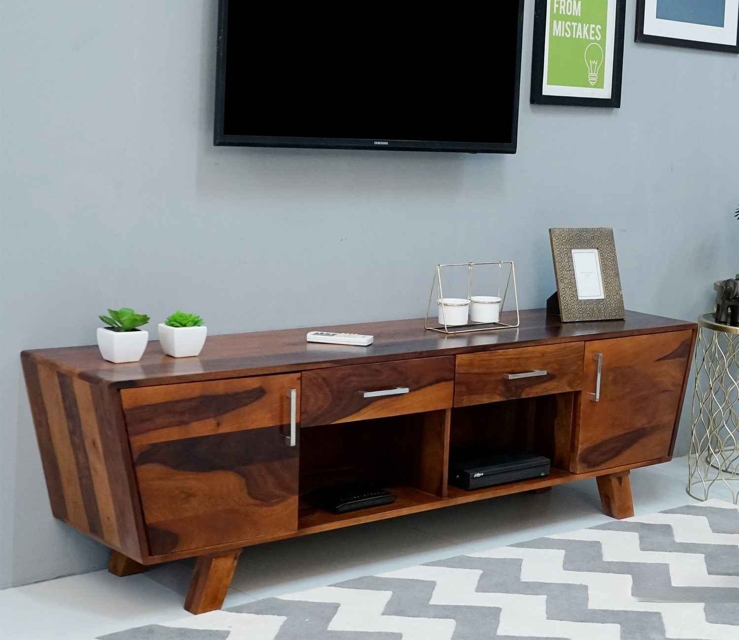 Melvina Sheesham Wood Tv Unit with Cupboards Drawers and Shelve Storage