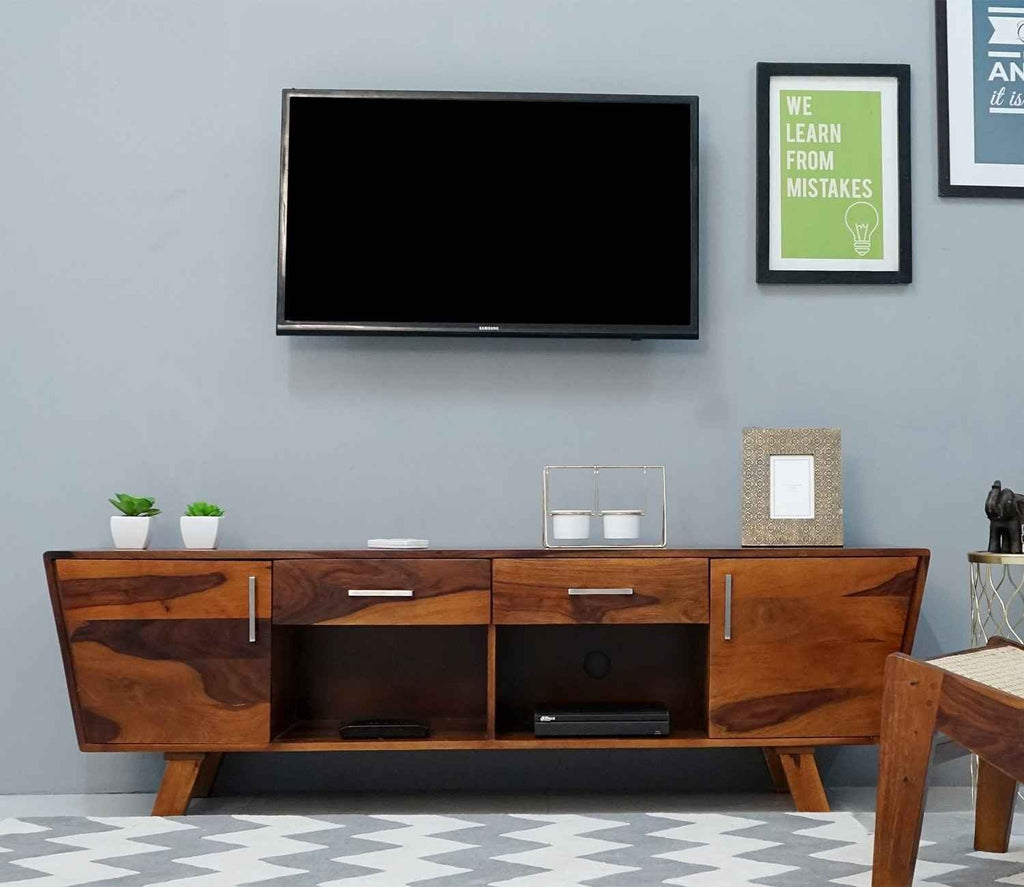 Melvina Sheesham Wood Tv Unit with Cupboards Drawers and Shelve Storage