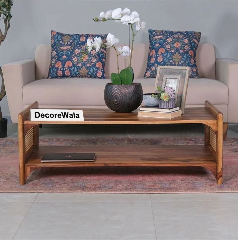Caffina Solid Wood Rattan Cane One Drawer Coffee Table