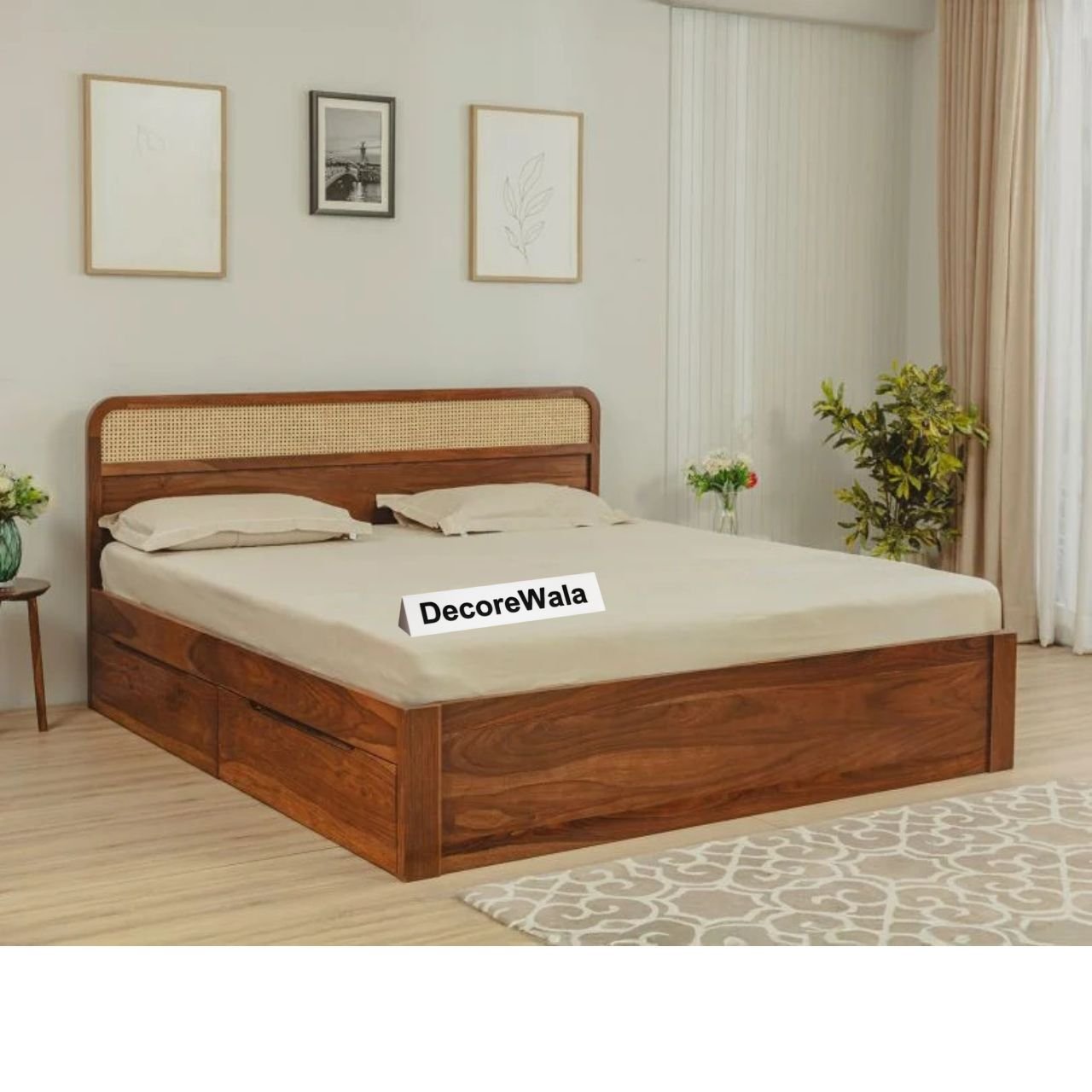 Sleeplore Sheesham Wood Bed with 4 Drawer Storage and Cane Detailing
