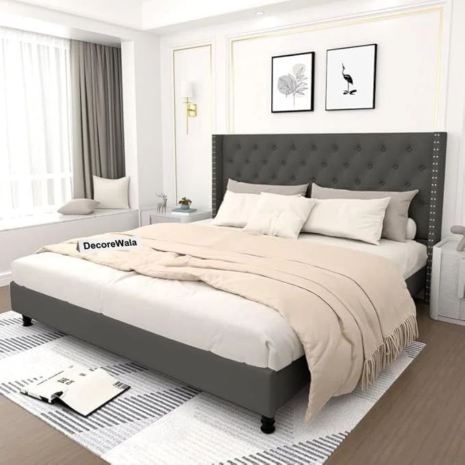 Modern Upholstered Queen Size Bed Premium Fabric Double  Bed Cot Bed
