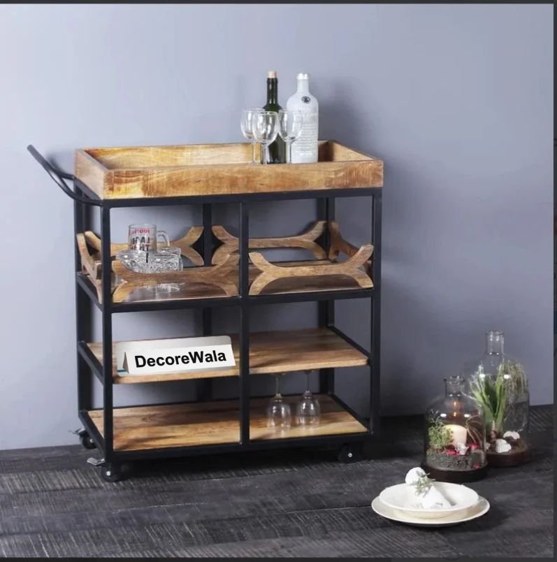 Barvio Solid Wood And Iron Bar Trolly
