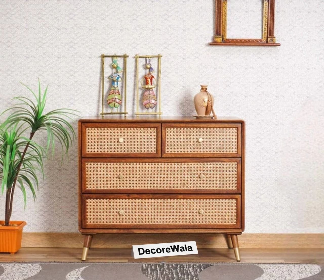 Boston Solid Wood Rattan Cane Chest of Drawer Four Drawer