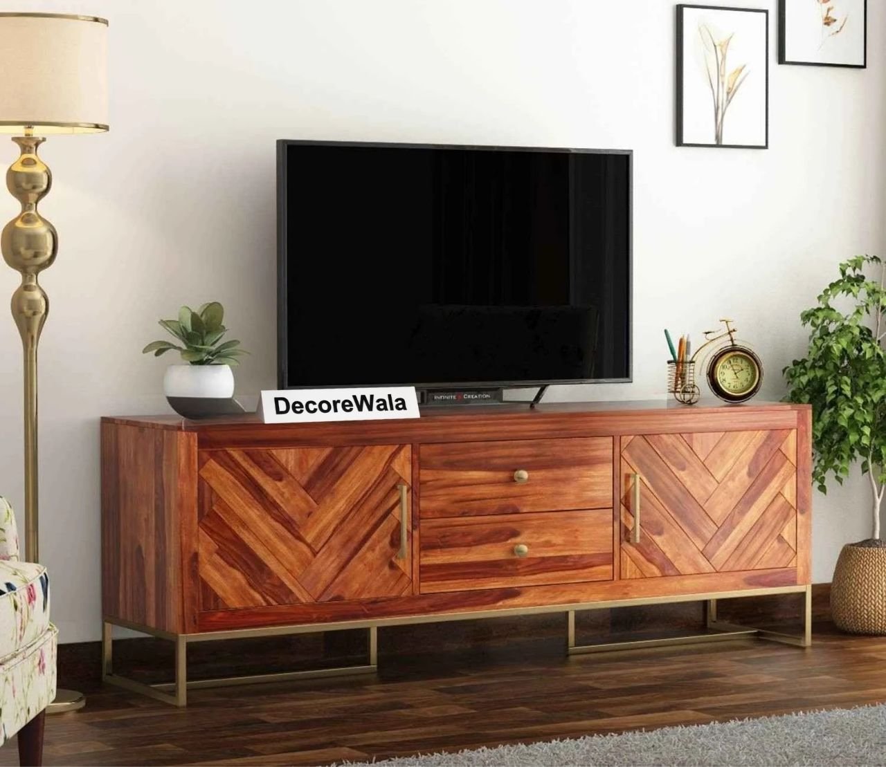 Jett Metal Base Sheesham Wood Tv Unit with Drawers and Cabinets