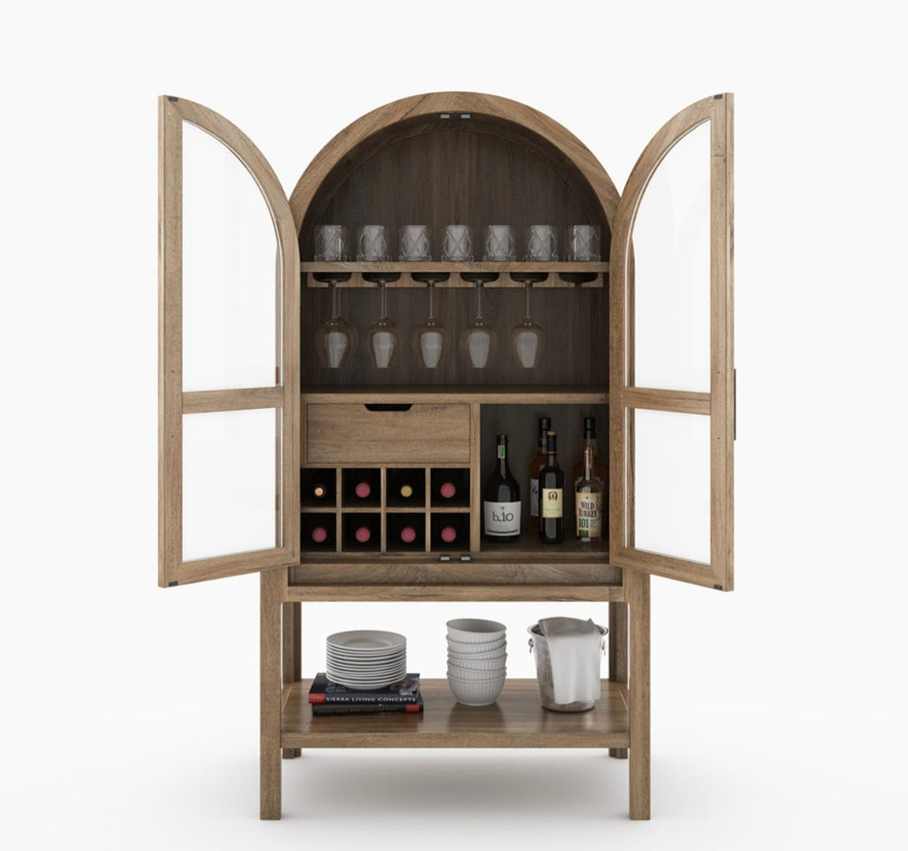 Ocala Rustic Tall Arched Bar Cabinet with Glass Doors